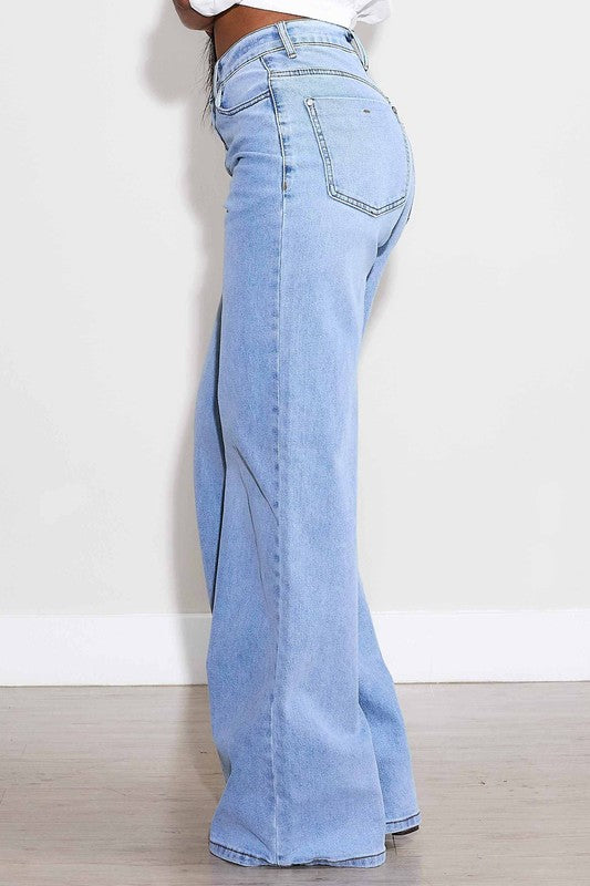 LIGHT DENIM HIGH-WAISTED WIDE LEG JEANS