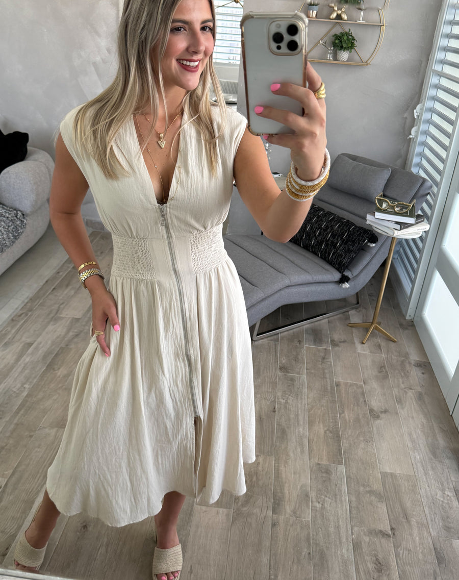 LINEN ZIPPER MIDI DRESS