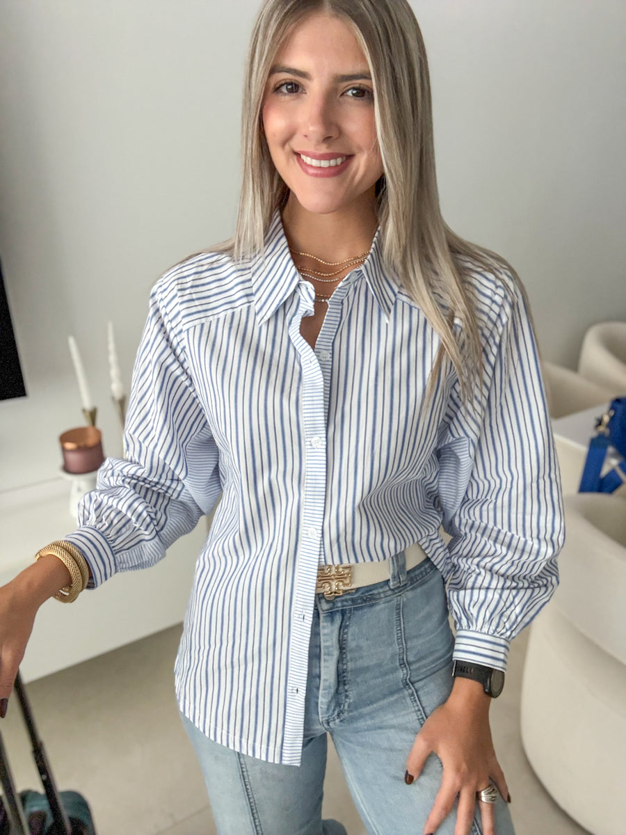 STRIPED BLUE OPEN BACK BLOUSE