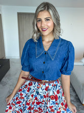 Load image into Gallery viewer, DENIM TOP WITH FLORAL SKIRT &amp; CAMEL BELT SET
