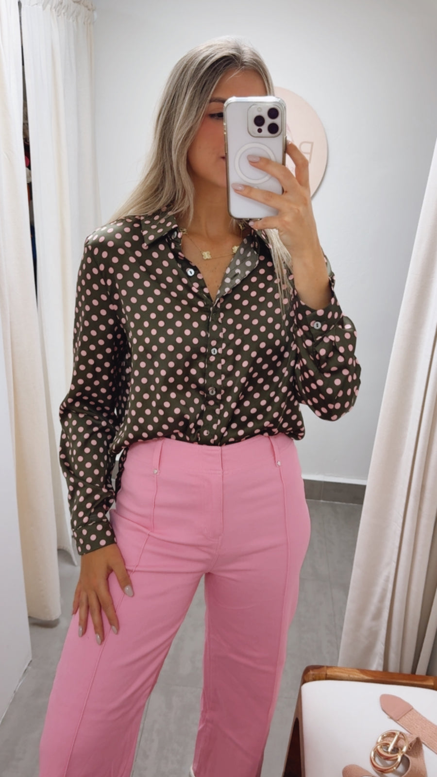 OLIVE/PINK POLKA DOT BLOUSE