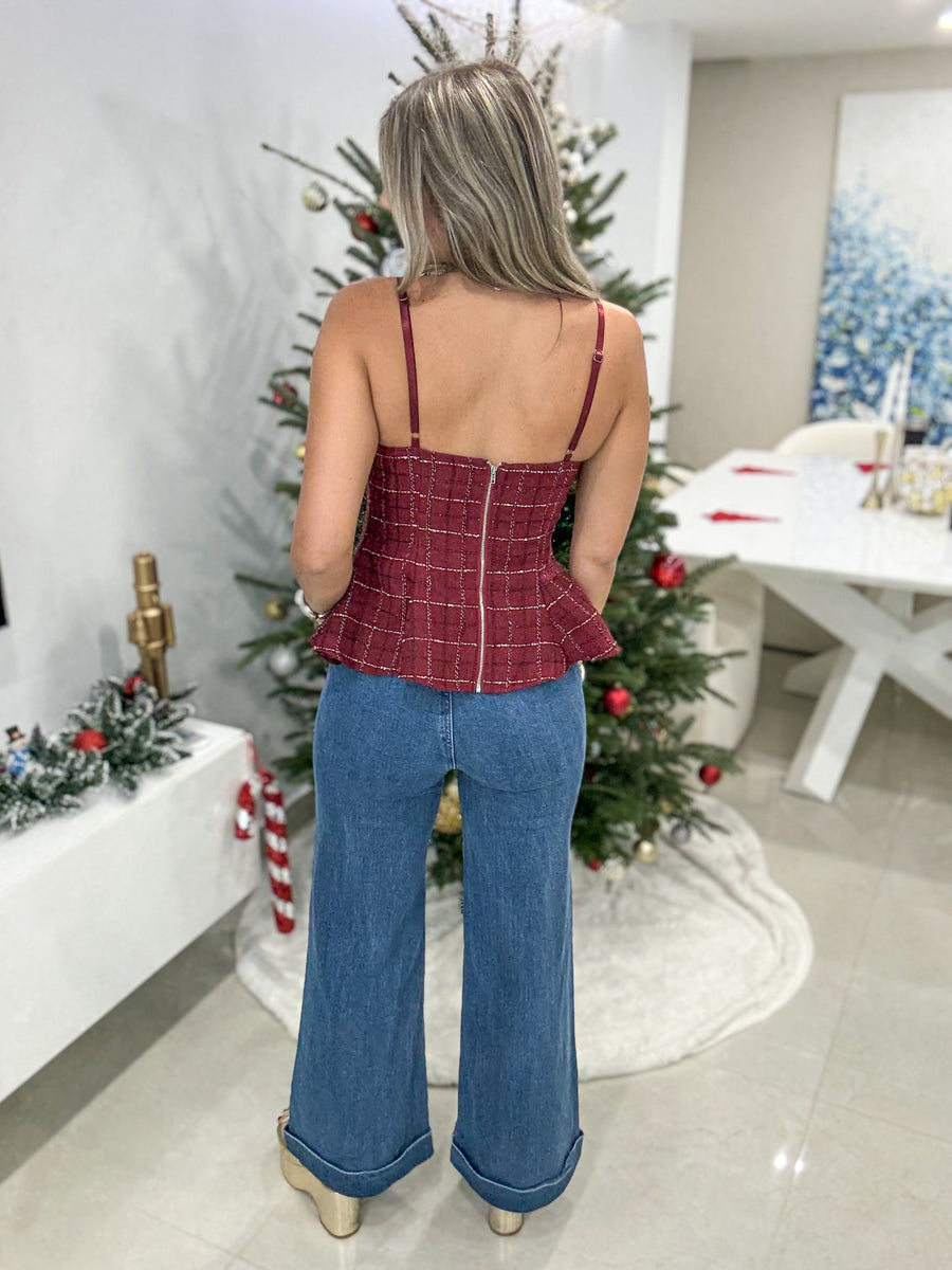 BURGUNDY TWEED PEPLUM BLOUSE