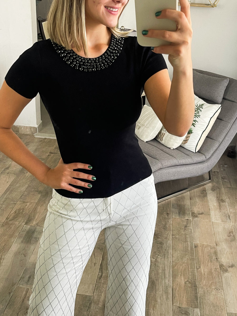 RHINESTONES DETAILED KNITTED BLOUSE