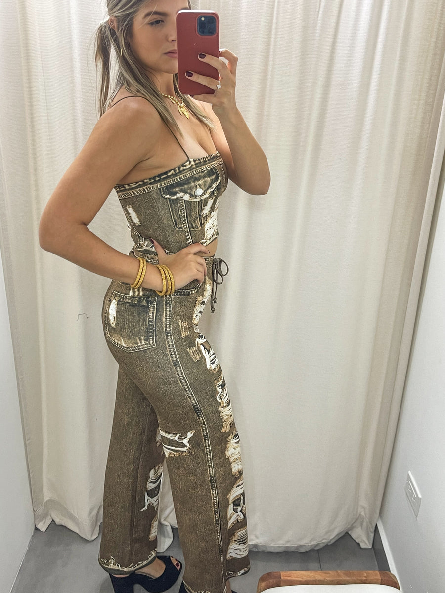 MUSTARD DENIM ILLUSION CROP TOP & PANT SET