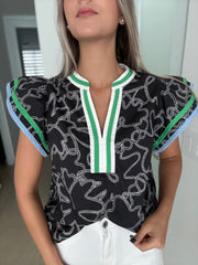 BLACK PRINTED RUFFLE SLEEVES BLOUSE