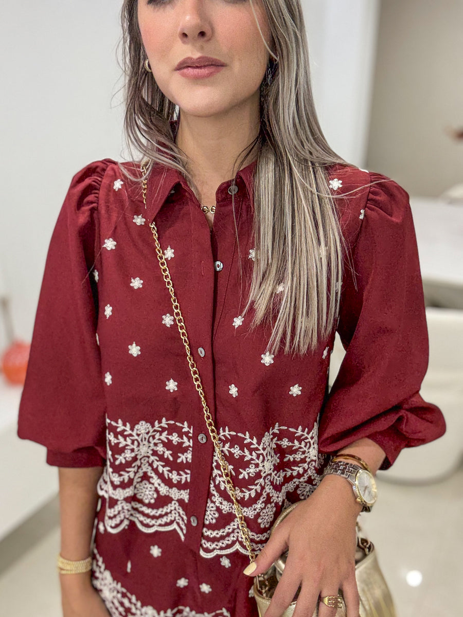 WINE EMBROIDED LONG SLEEVE BLOUSE