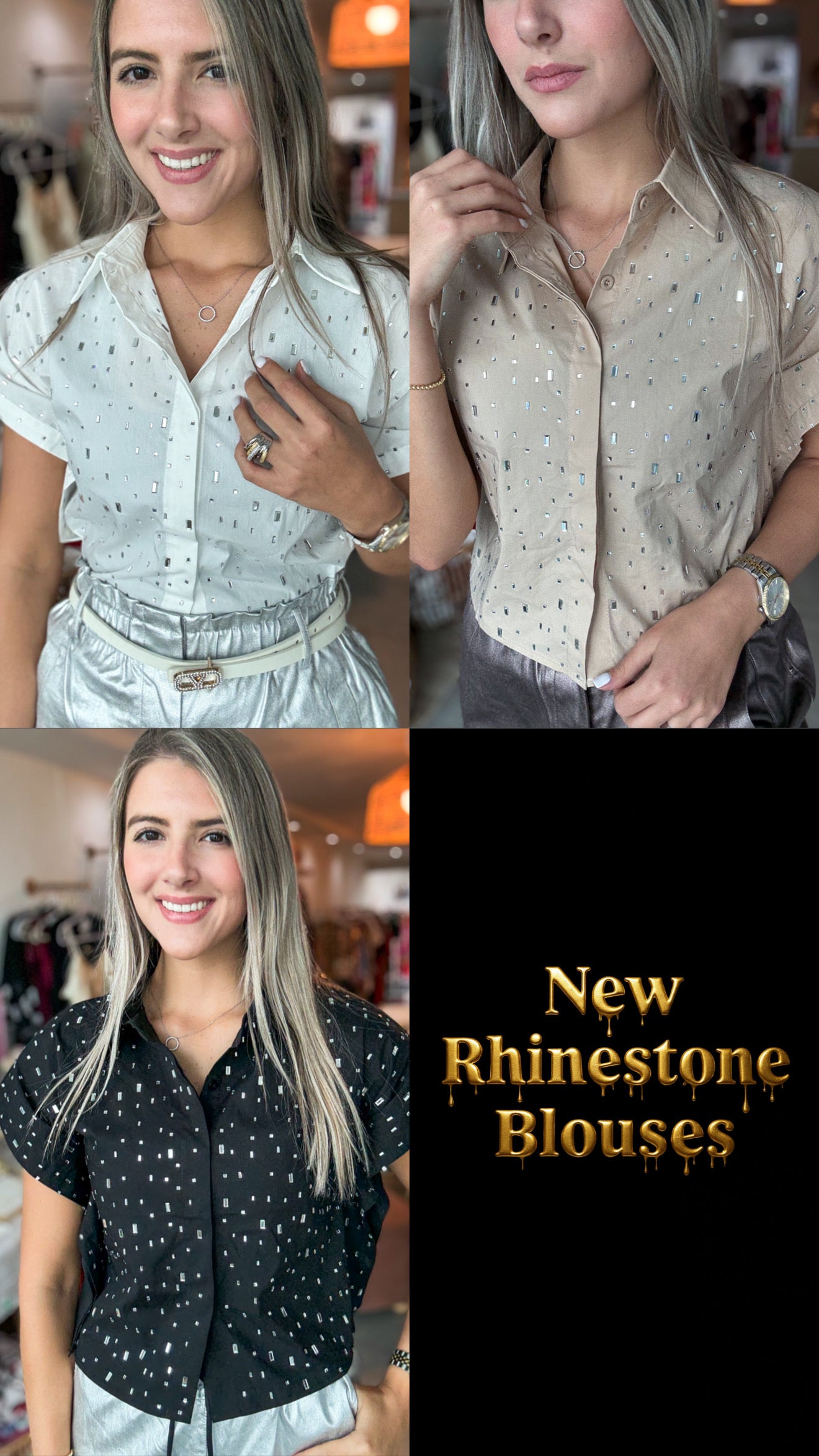 RHINESTONES BUTTONED SHORT SLEEVES TOP