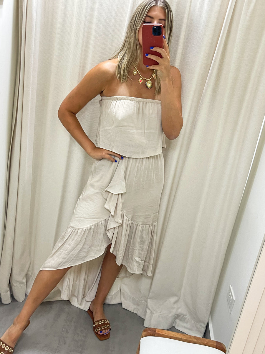 BONE WHITE SATIN HIGH LOW DRESS
