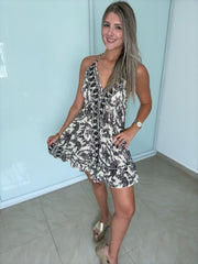BLACK PRINTED HALTER SHORT DRESS