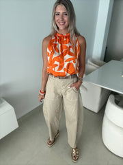 ORANGE PRINT SATIN CROP TOP