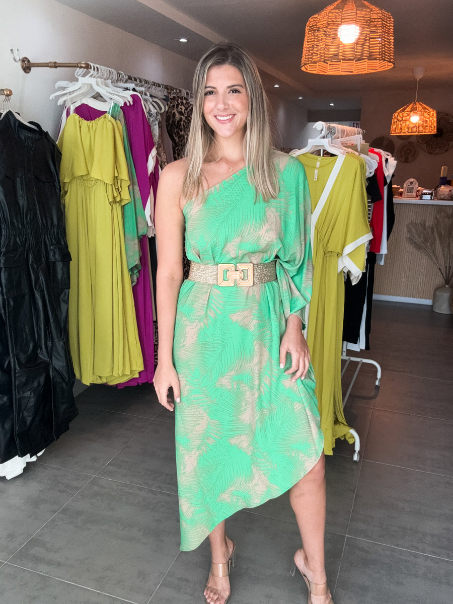 GREEN TROPICAL ASYMMETRICAL DRESS