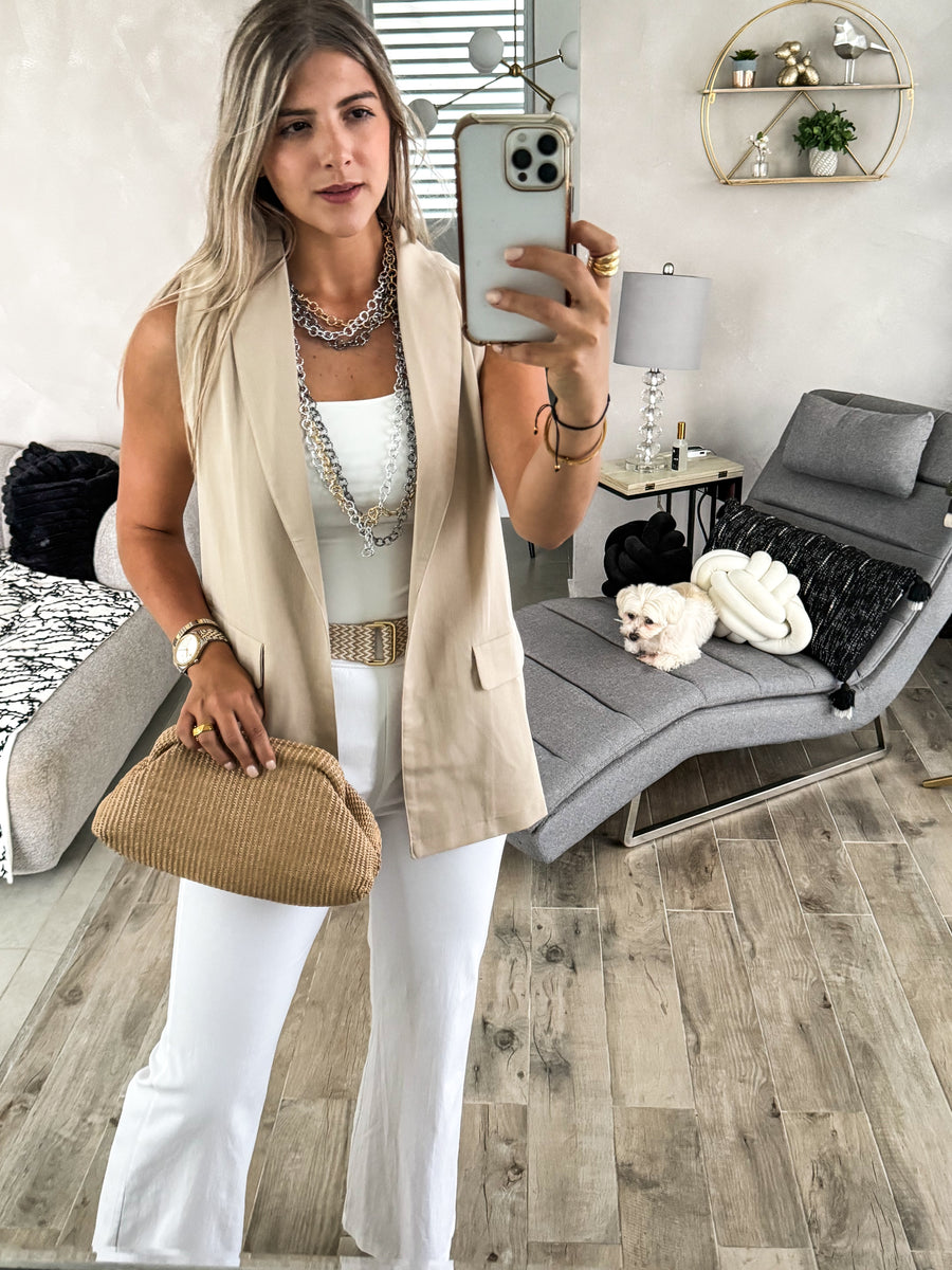 WHITE STRETCHY BELTED PANTS