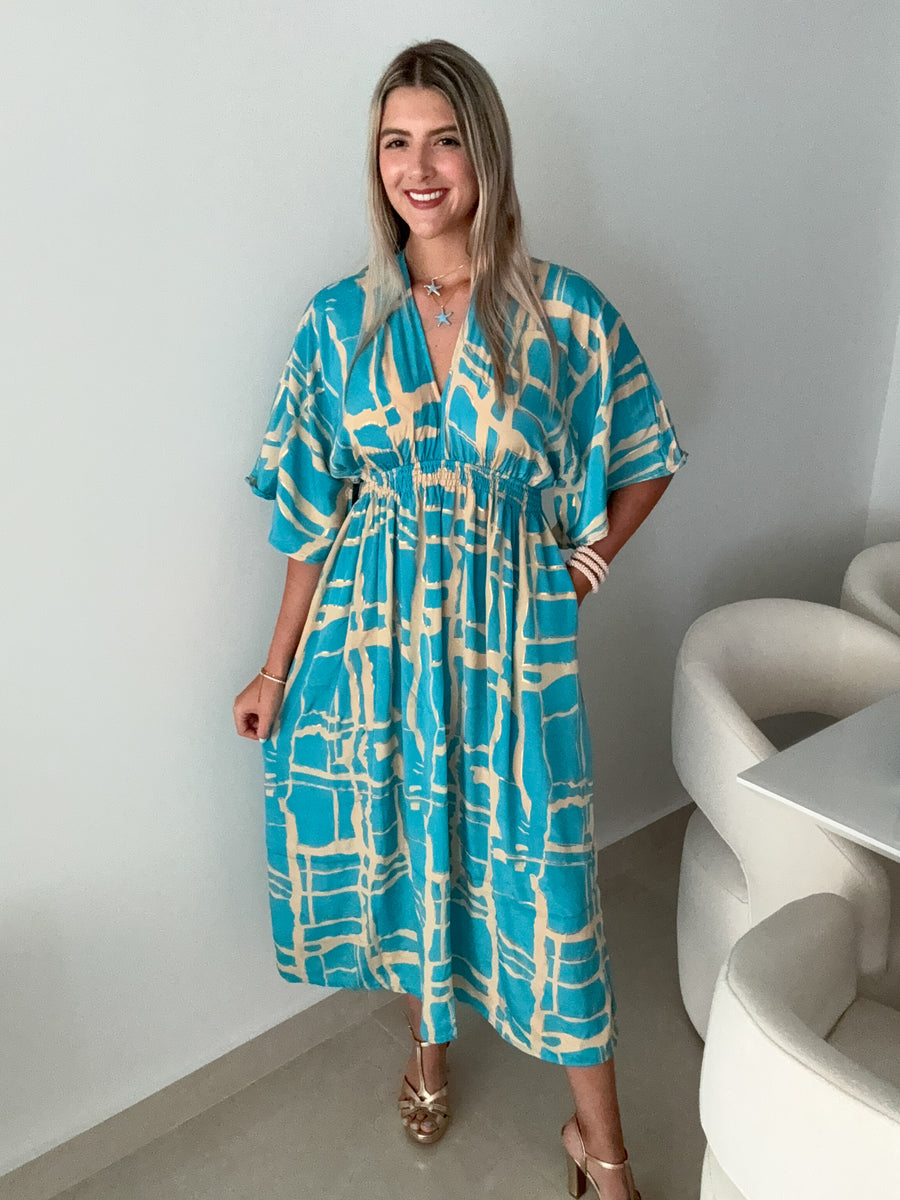 TURQUOISE/GOLD KIMONO SLEEVES DRESS