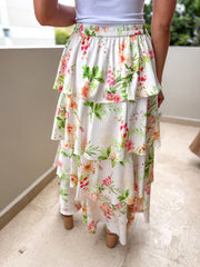 IVORY FLORAL PRINT RUFFLE MAXI SKIRT