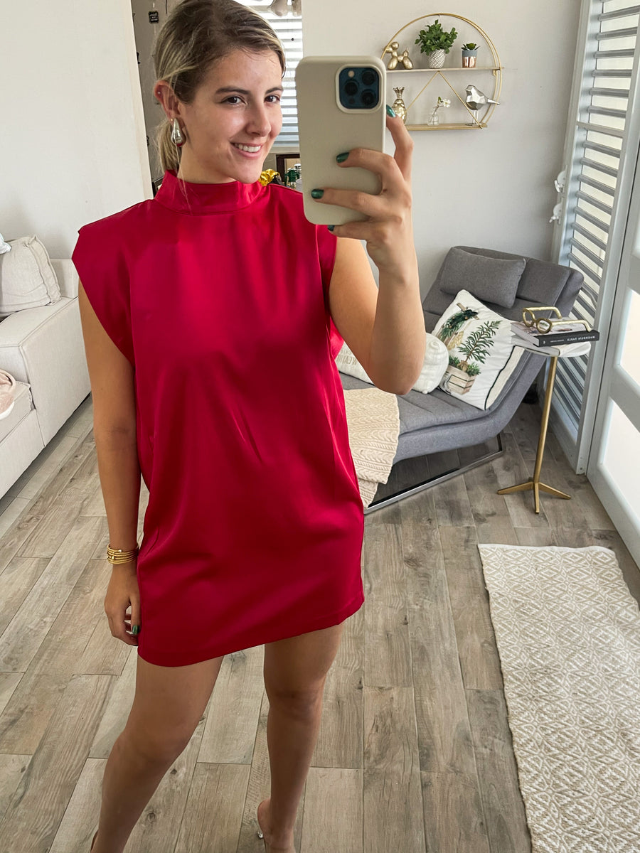 RED MOCK NECK SATIN DRESS