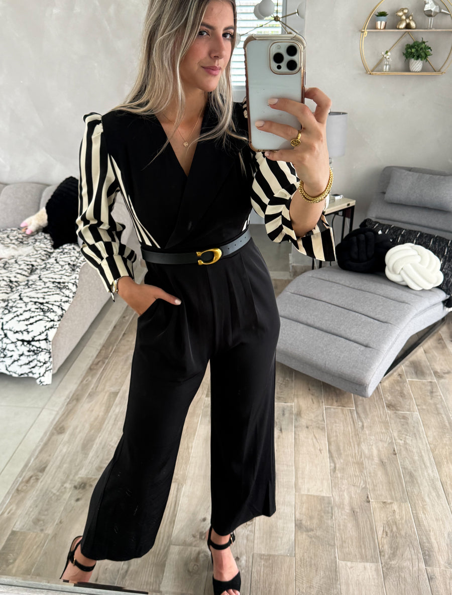 BLACK CONTRAST STRIPED JUMPSUIT