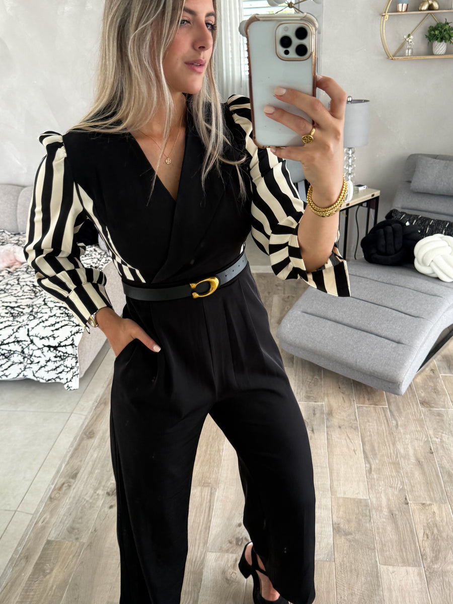 BLACK CONTRAST STRIPED JUMPSUIT