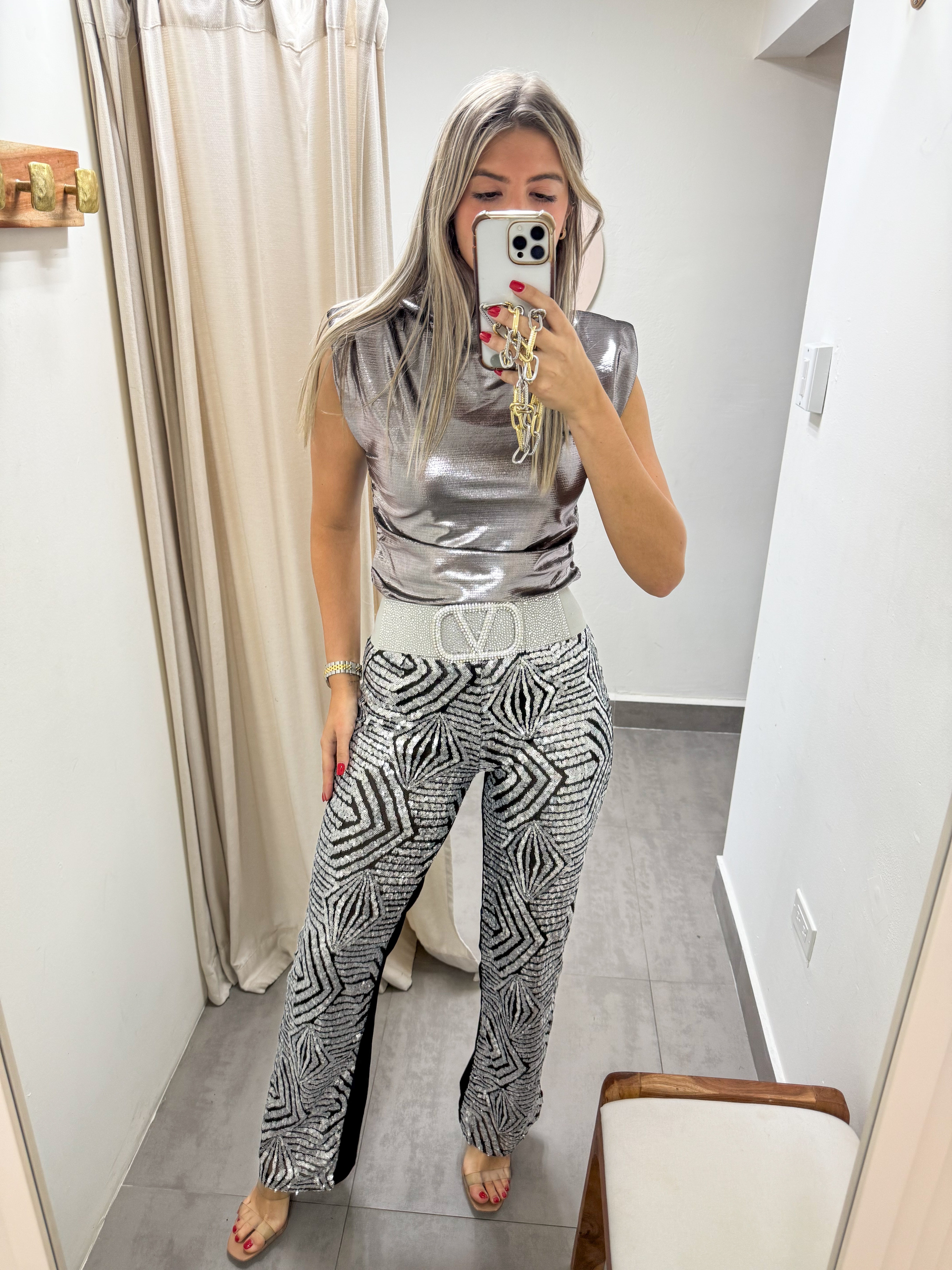 GRAY METALLIC SHOULDER PADDED TOP