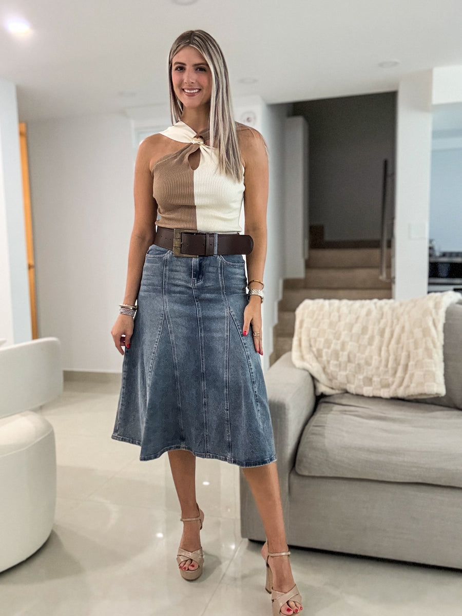 DENIM BELTED STRETCHY MIDI SKIRT