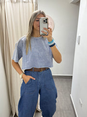 DENIM BLUE RHINESTONES CROP TSHIRT