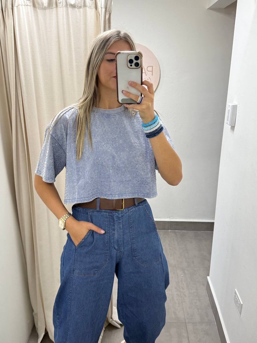 DENIM BLUE RHINESTONES CROP TSHIRT