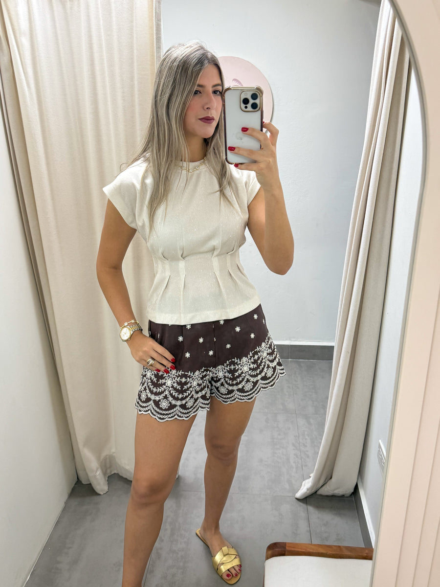 BROWN EMBROIDED SHORTS