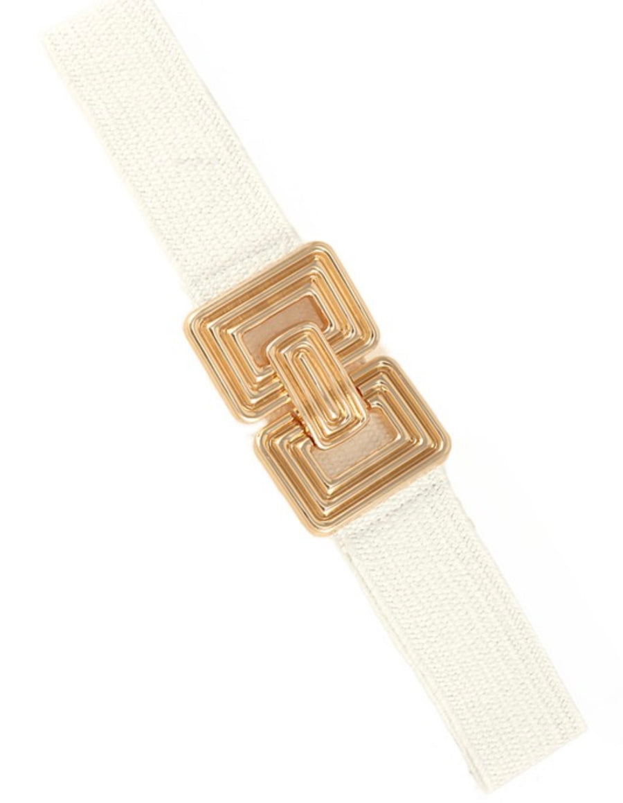 WHITE RECTANGLE BUCKLE STRAW BELT
