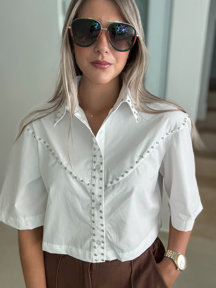 SILVER STUDDED 3/4 BUTTONED CROP BLOUSE