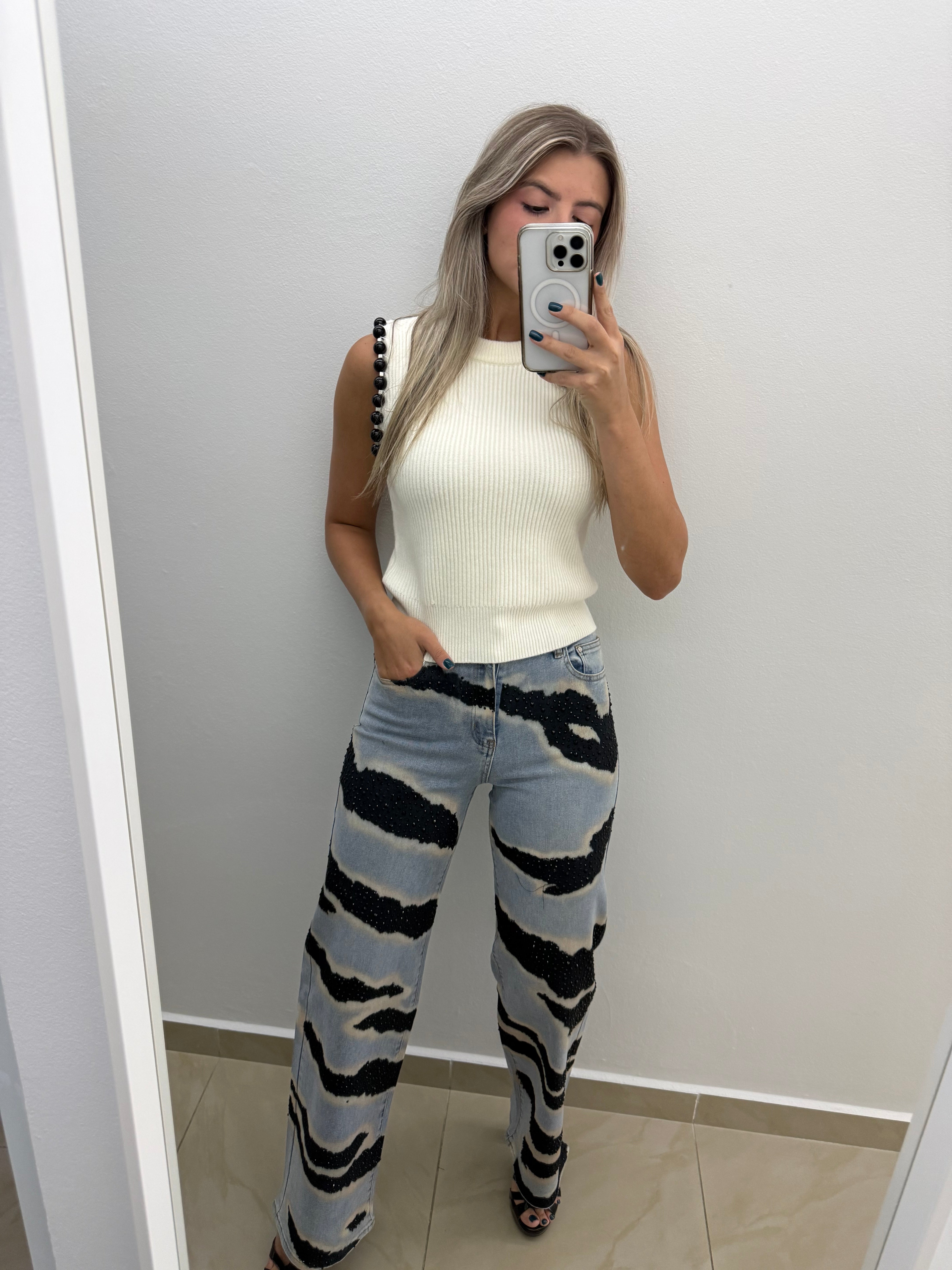 RHINESTONES PRINTED JEANS