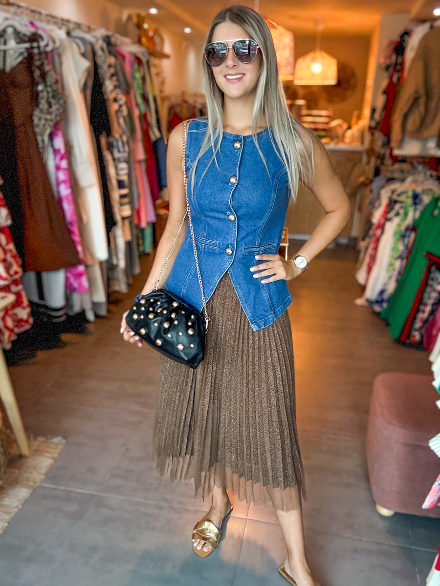 BROWN GLITTERY PLEATED MESH SIKIRT