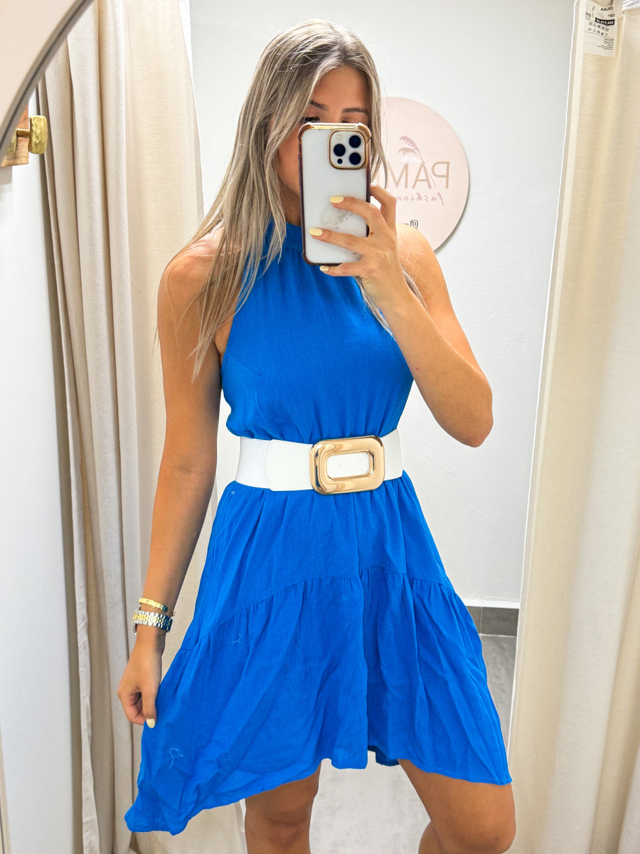 BLUE HALTER DRESS