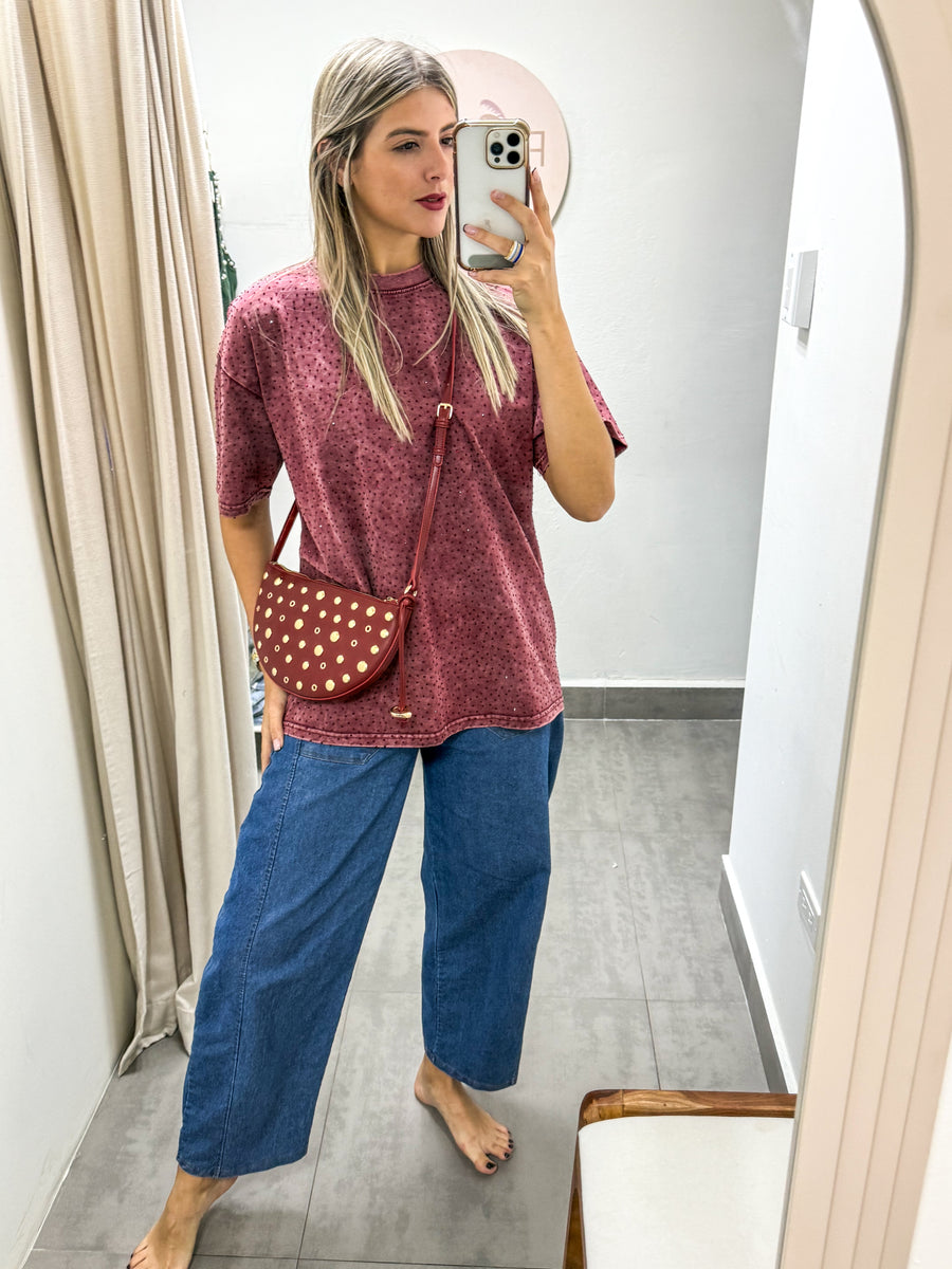 BURGUNDY LONG OVERSIZED RHINESTONES TSHIRT