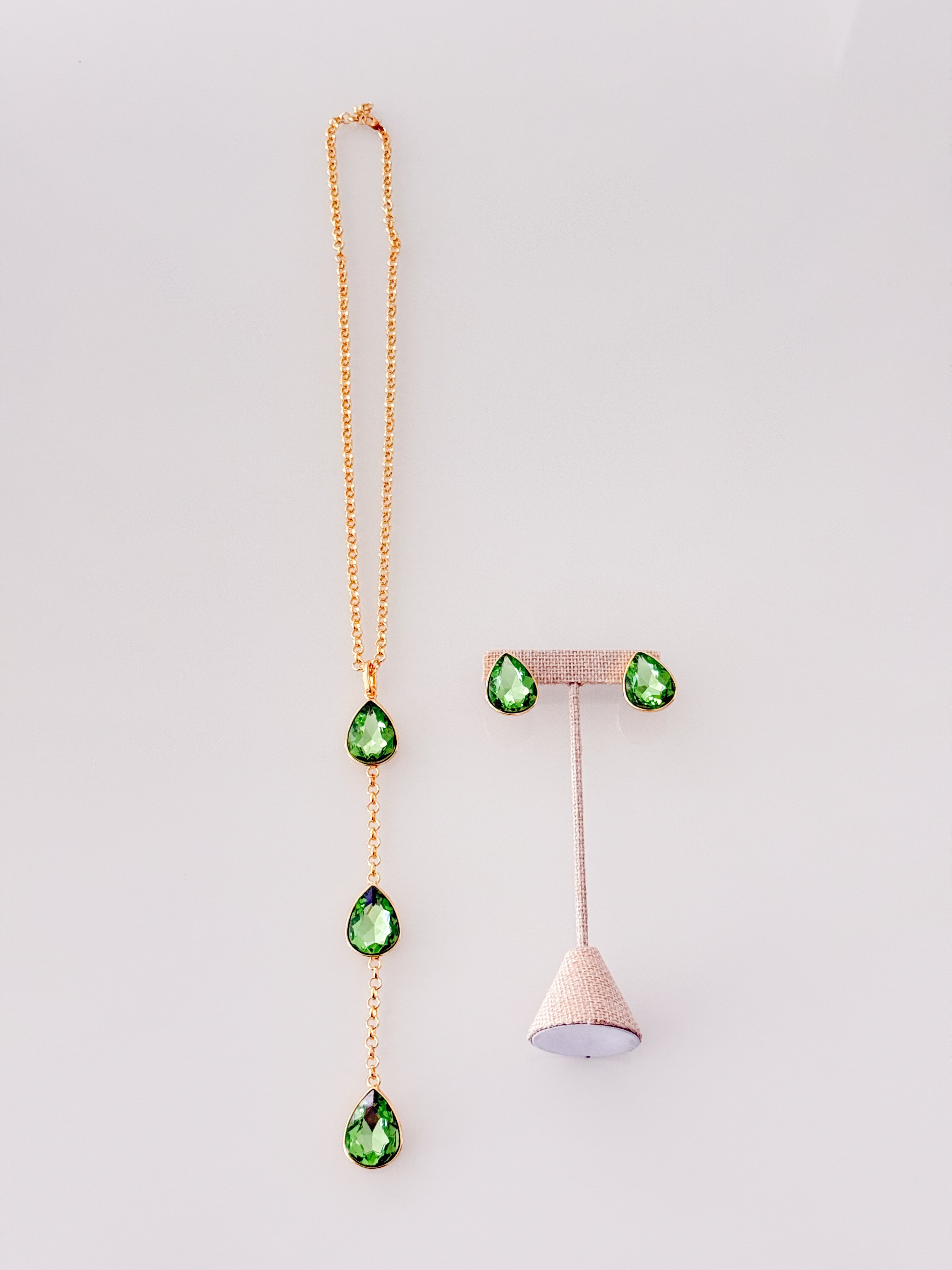 LONG GEM DROP NECKLACE SET ALL GREEN