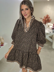 BROWN LEOPARD LONG SLEEVES SHORT DRESS