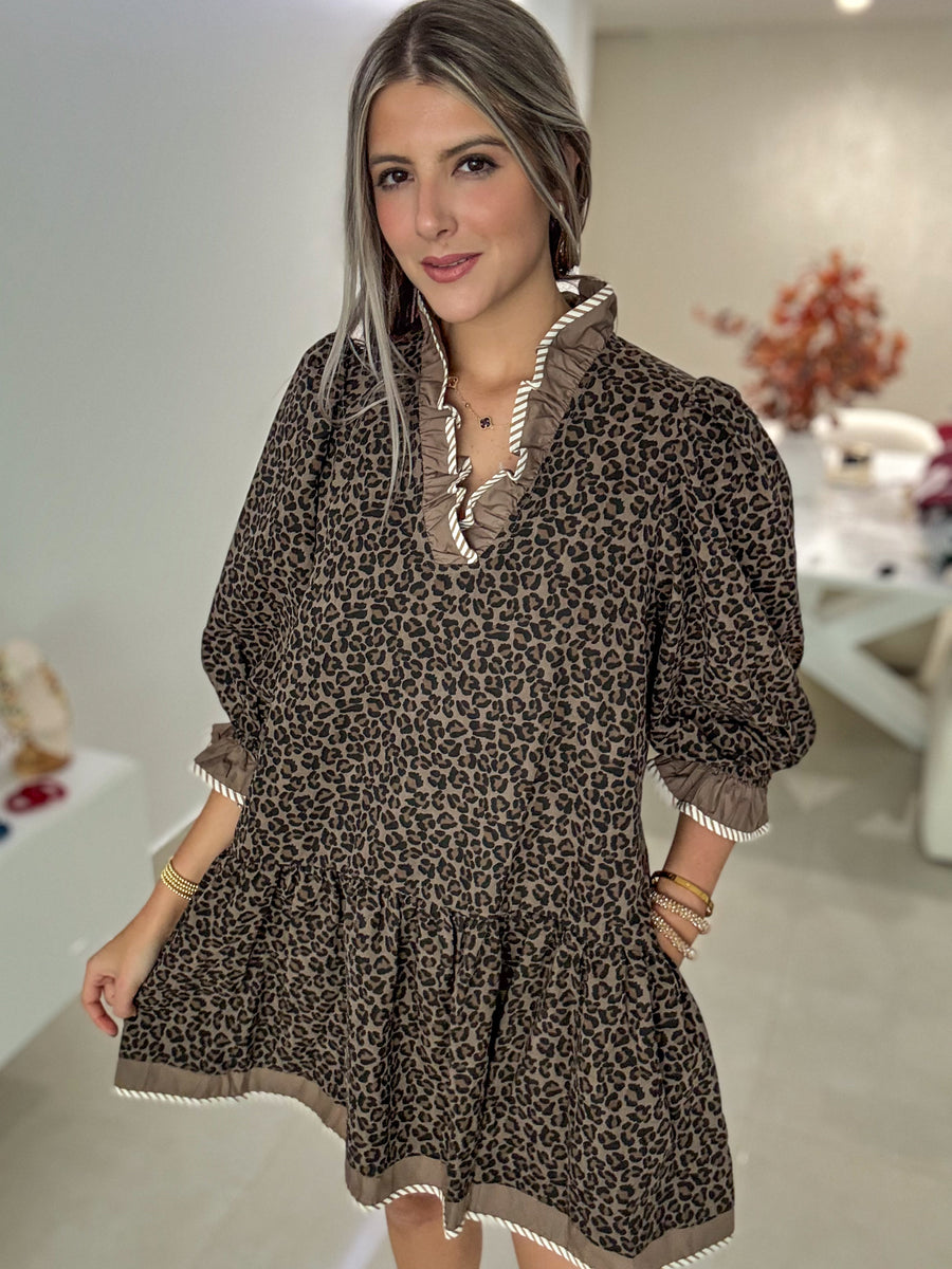 BROWN LEOPARD LONG SLEEVES SHORT DRESS