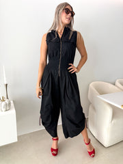 BLACK ZIPPER FRONT BARREL JUMPSUIT