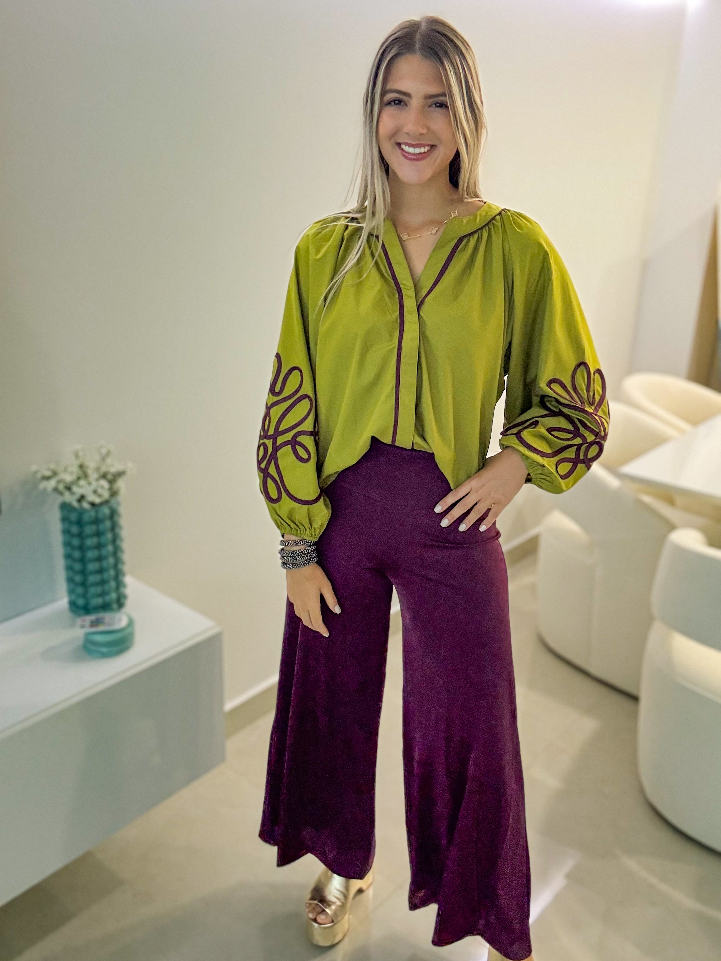 GREEN/PLUM DETAILED BLOUSE