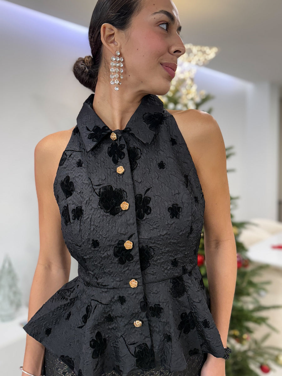 BLACK HALTER BUTTONED BLOUSE