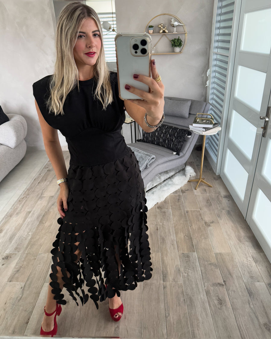 BLACK FRINGE MIDI SKIRT
