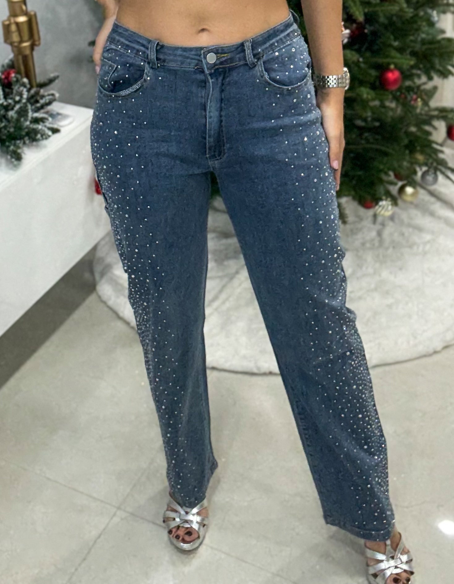 RHINESTONES STRETCHY FLARE JEANS