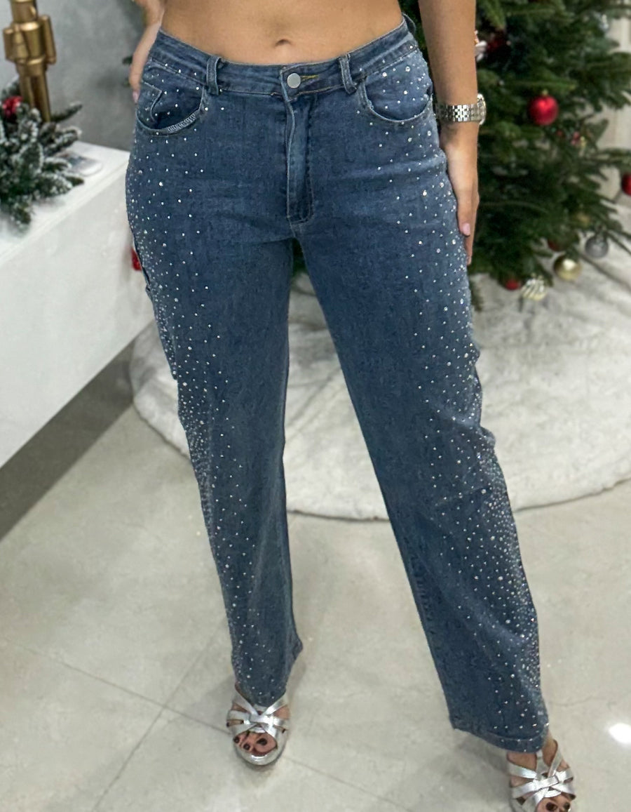 RHINESTONES STRETCHY FLARE JEANS