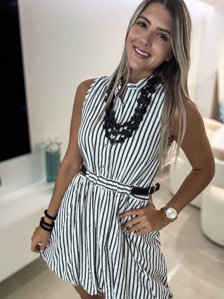 BLACK STRIPED BELTED DETAIL DRESS
