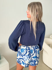 NAVY SILKY V-NECK BLOUSE