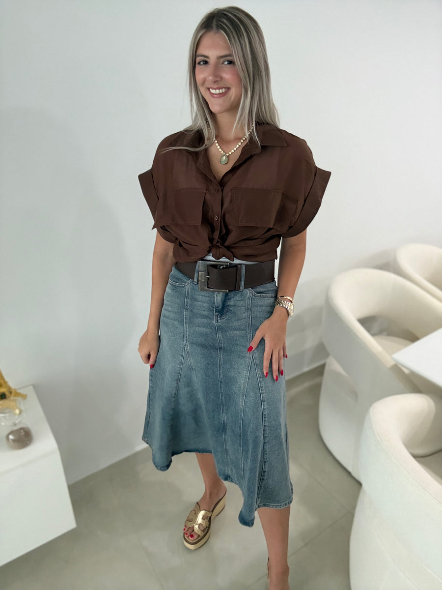 DENIM STRETCHY BELTED SKIRT