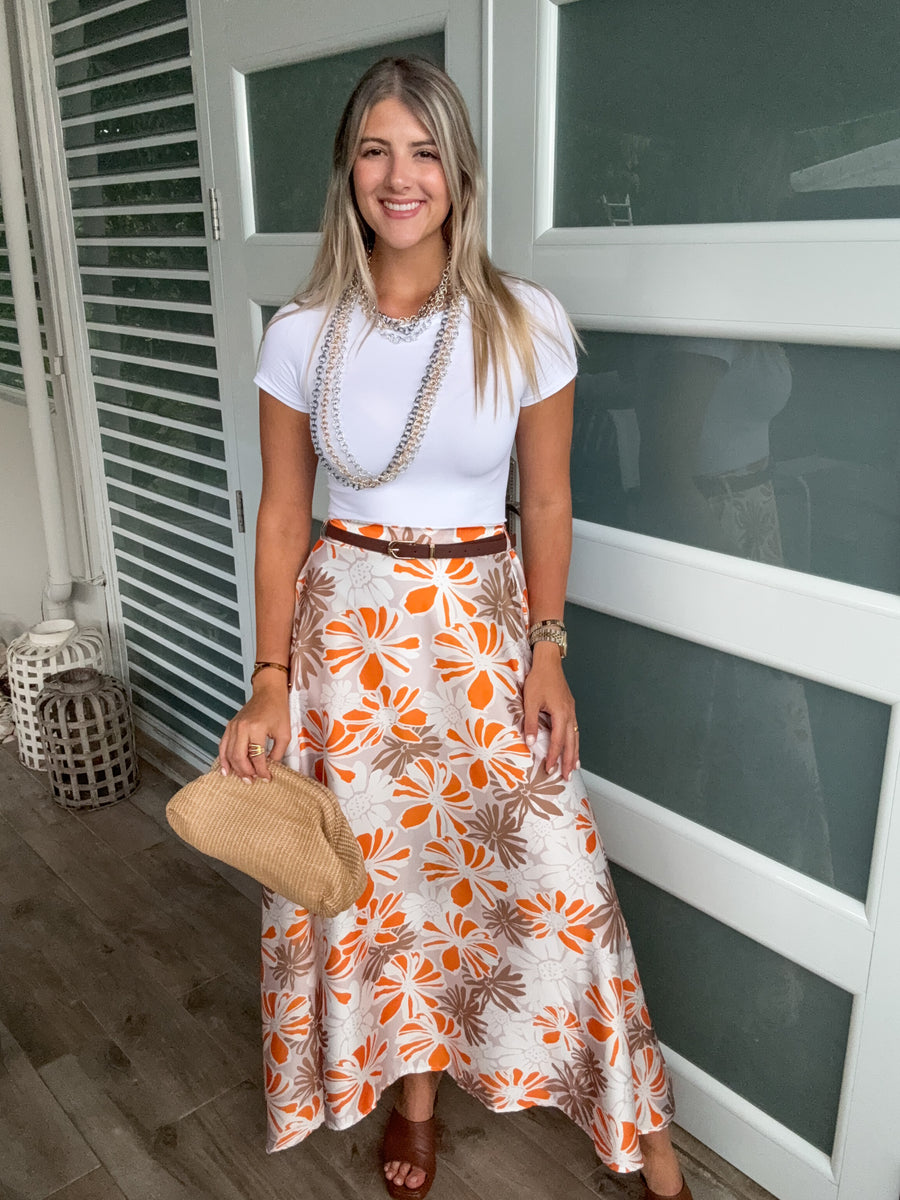 BEIGE/ORANGE BELTED FLORAL PRINT SKIRT