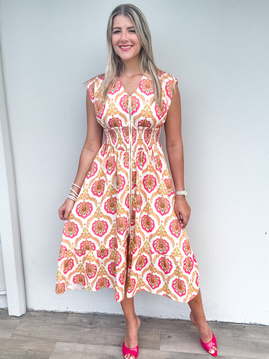 NEON PRINT ZIPPER MIDI DRESS