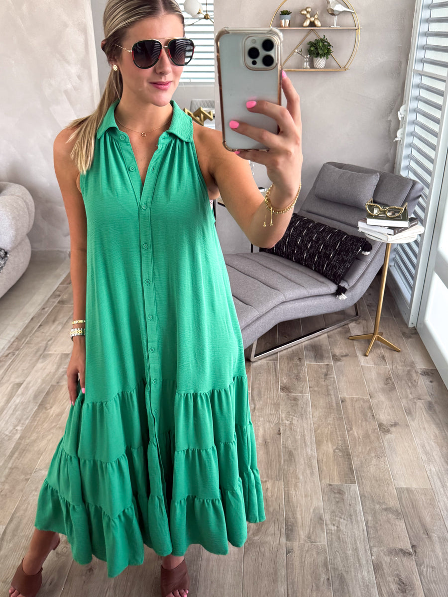 GREEN HALTER SLEEVELESS MIDI DRESS