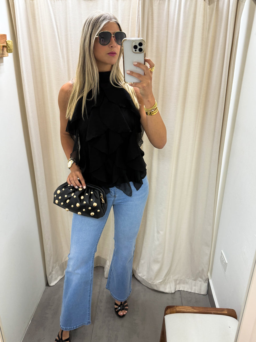 BLACK HALTER RUFFLE BLOUSE