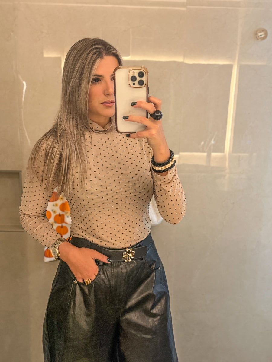 CREAM MESH RHINESTONES BLOUSE