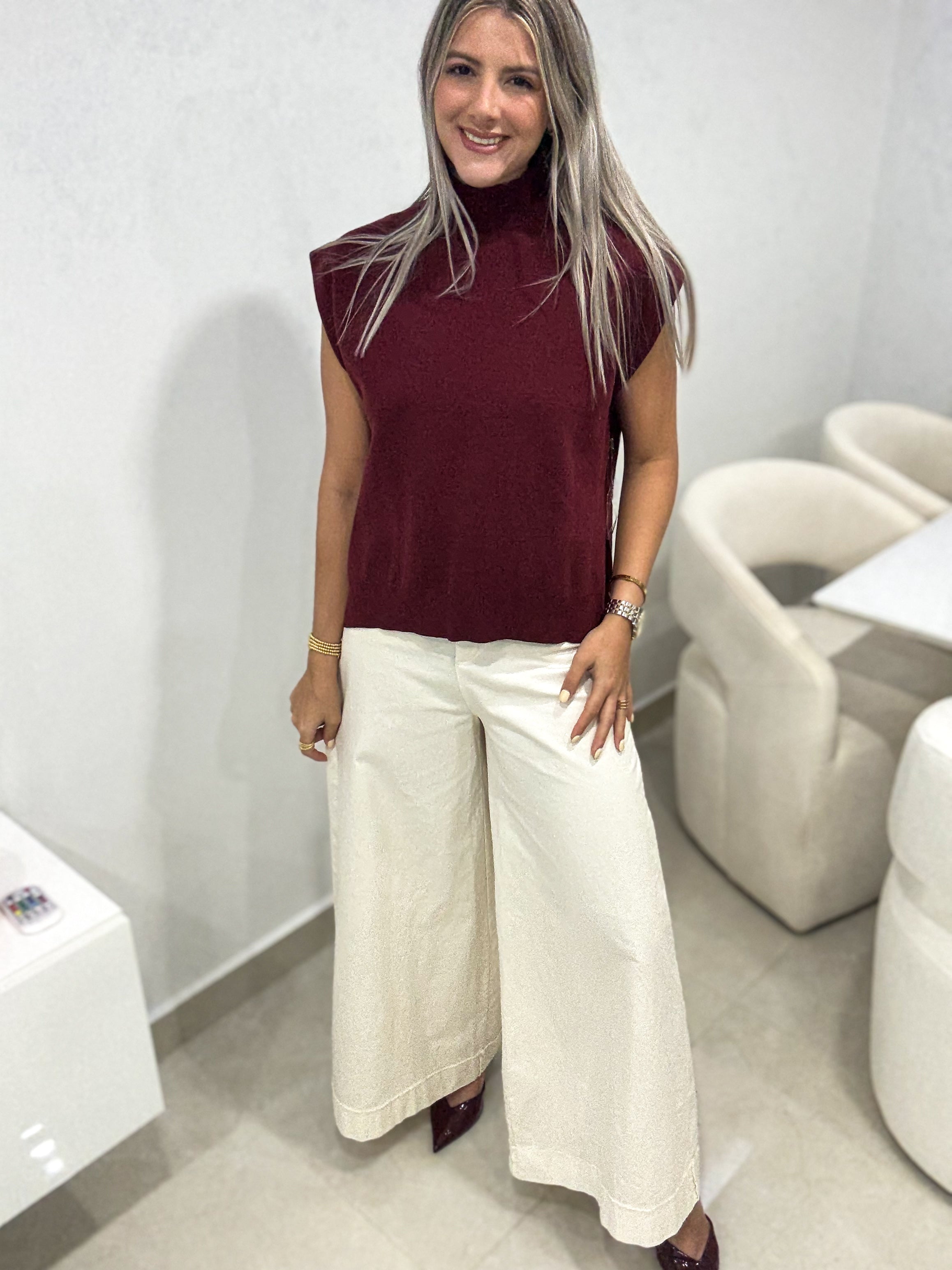 WINE MOCK NECK KNITTED BLOUSE